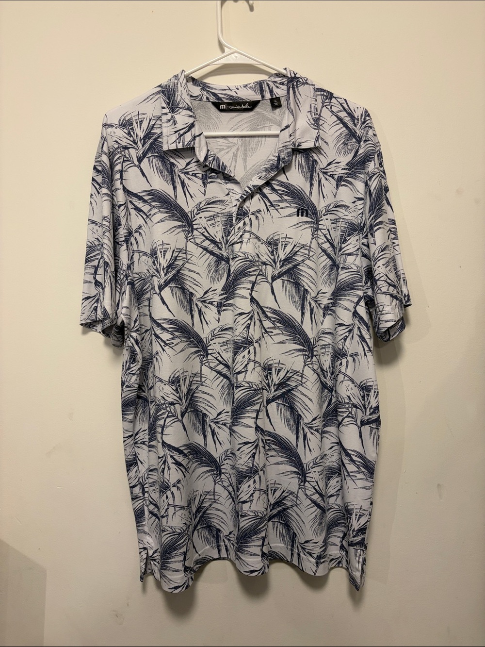 Travis Mathew White and Navy Palm-Print Short Sleeve Polo